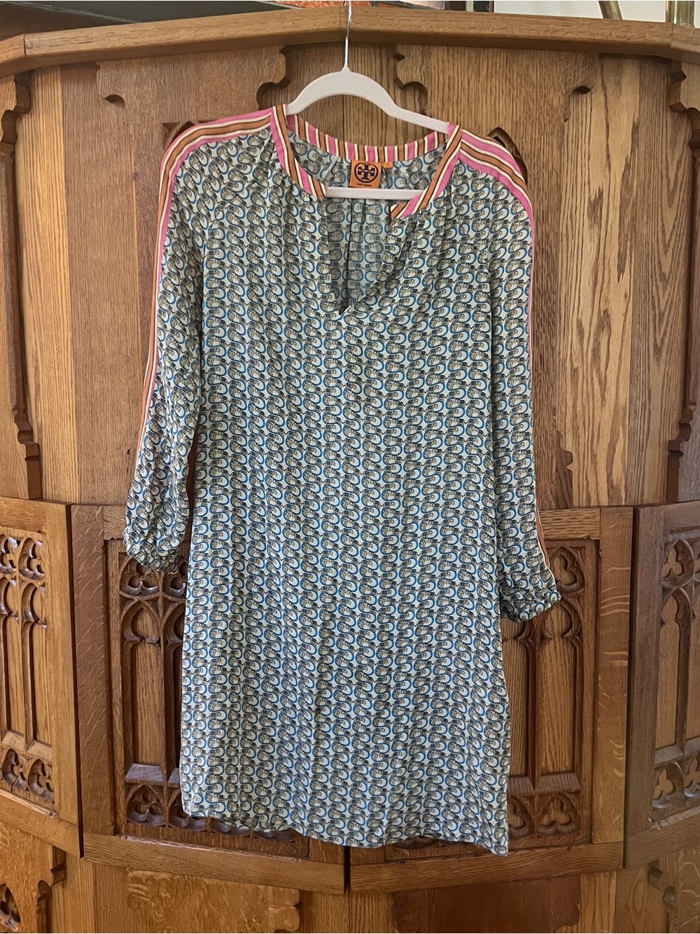 Tory Burch Blue & White Elephant Geo Print Dress with Pink Trim